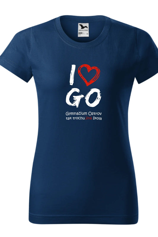 Dámské půlnoční modré tričko s nápisem I Love GO, tričko ostrovského gymnázia - barevná řada II