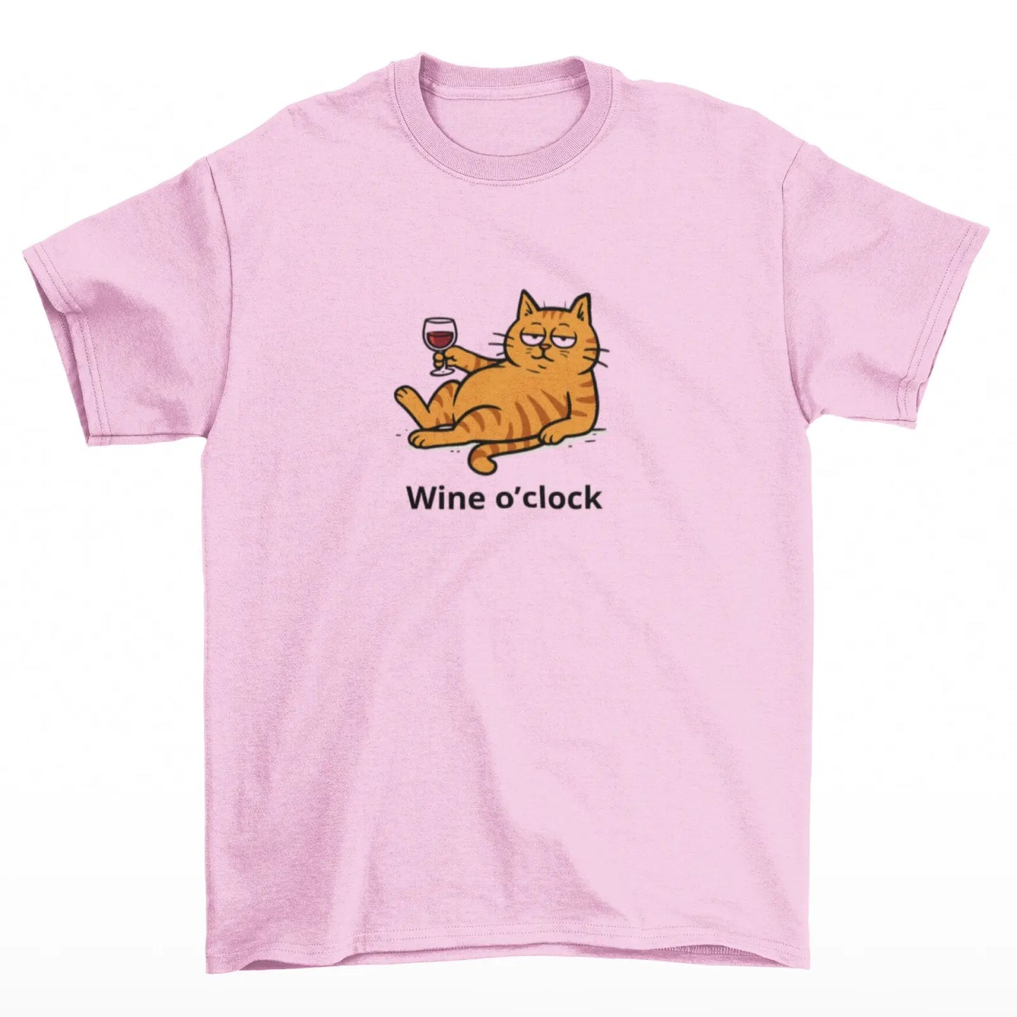 Růžové tričko s kočkou a nápisem Wine o’clock