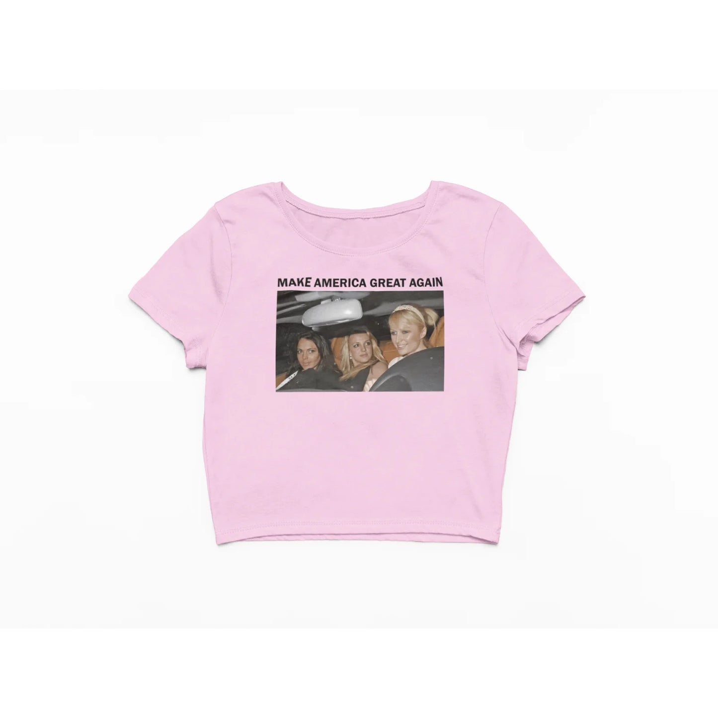 Růžový Crop Top s fotkou a nápisem Make America Great Again