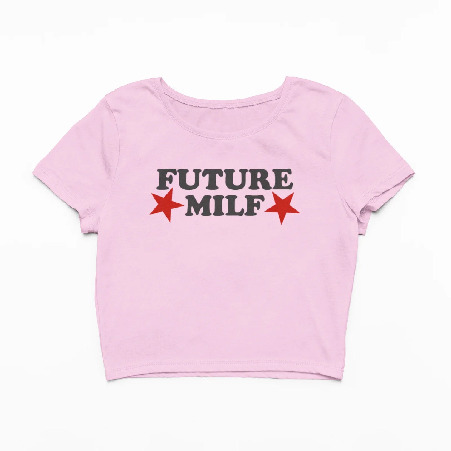 Růžový crop top s nápisem future milf a červenými hvězdami