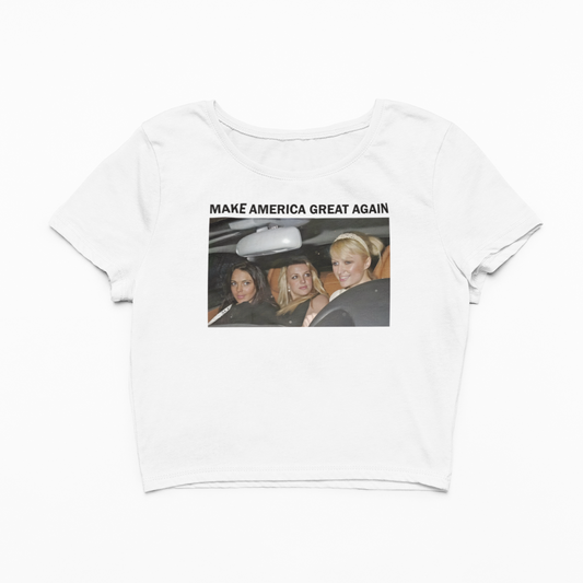 Crop Top s fotkou a nápisem Make America Great Again Crop