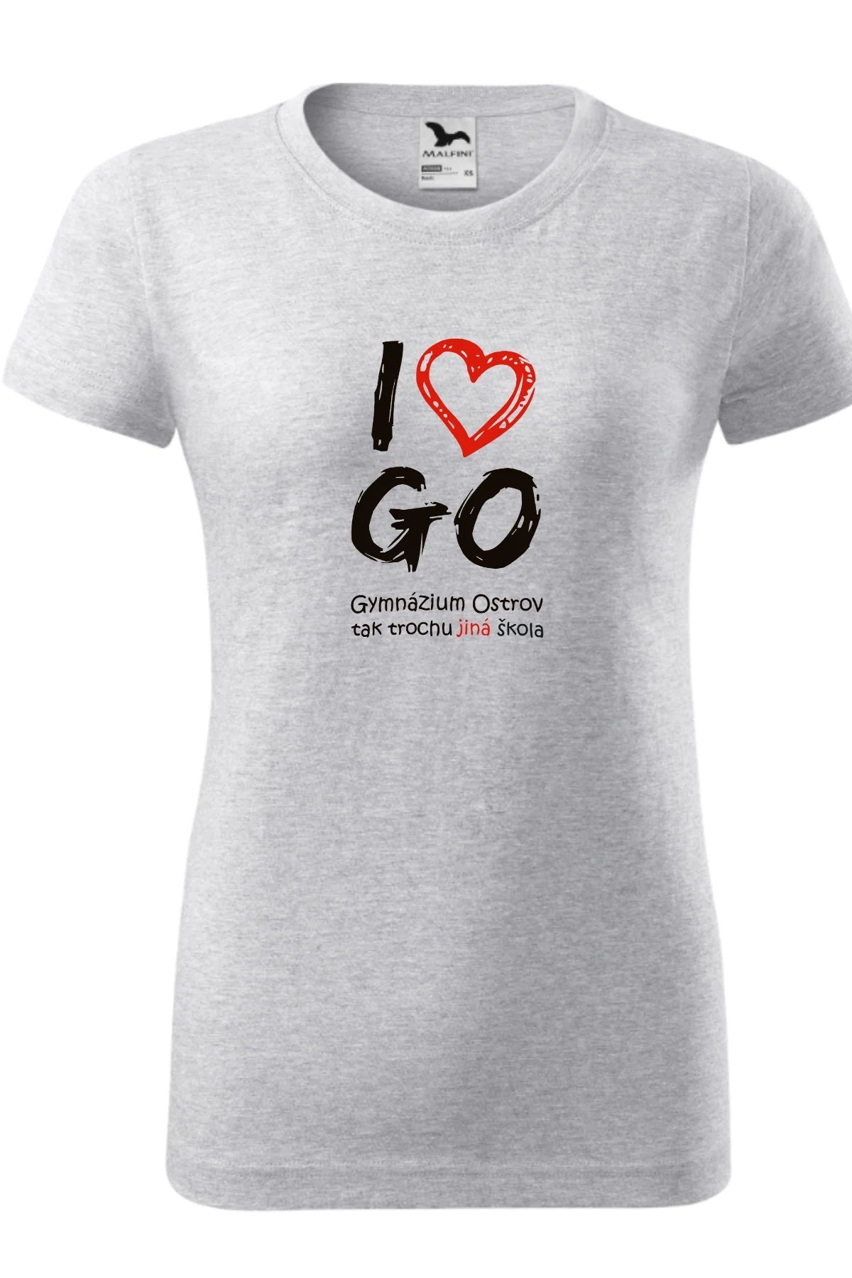 Dámské tričko v barvě světle šedého melíru s nápisem I Love GO, tričko ostrovského gymnázia - barevná řada II