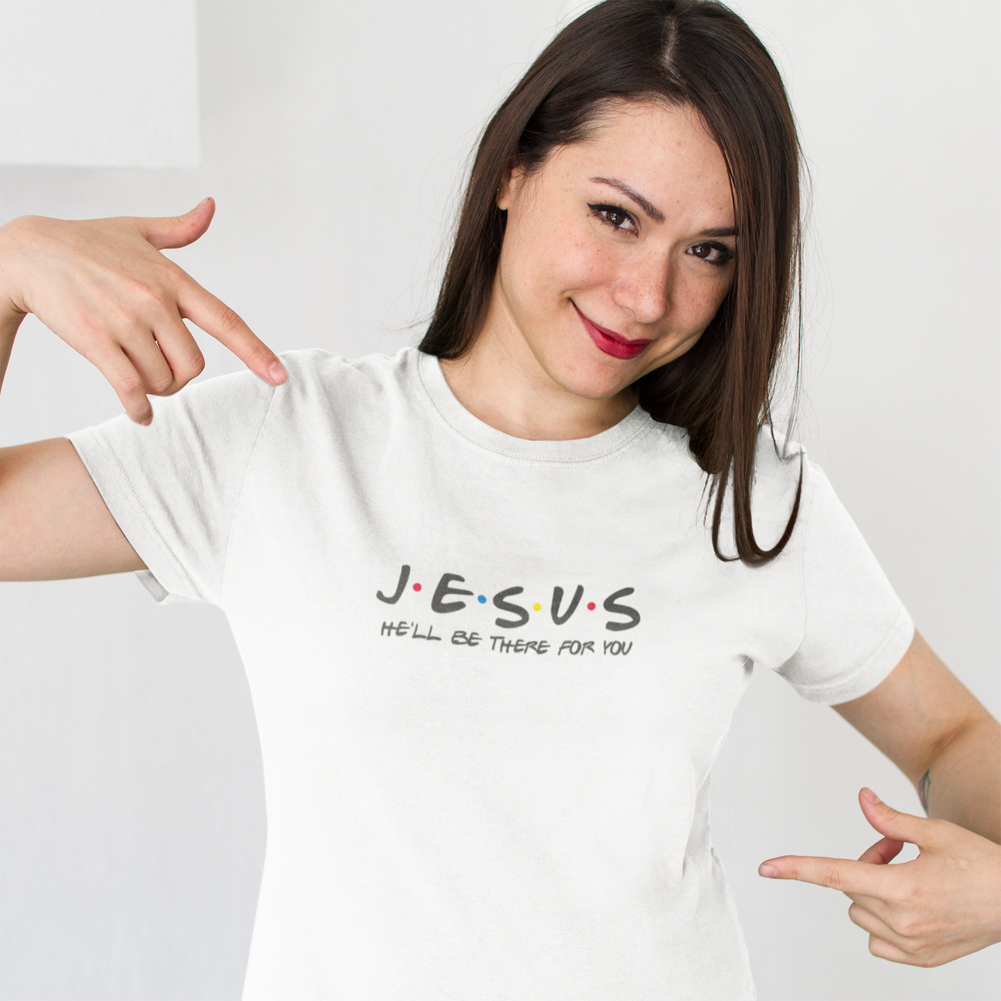Tričko s nápisem "Jesus tu bude pro tebe" – víra ve stylu Přátel