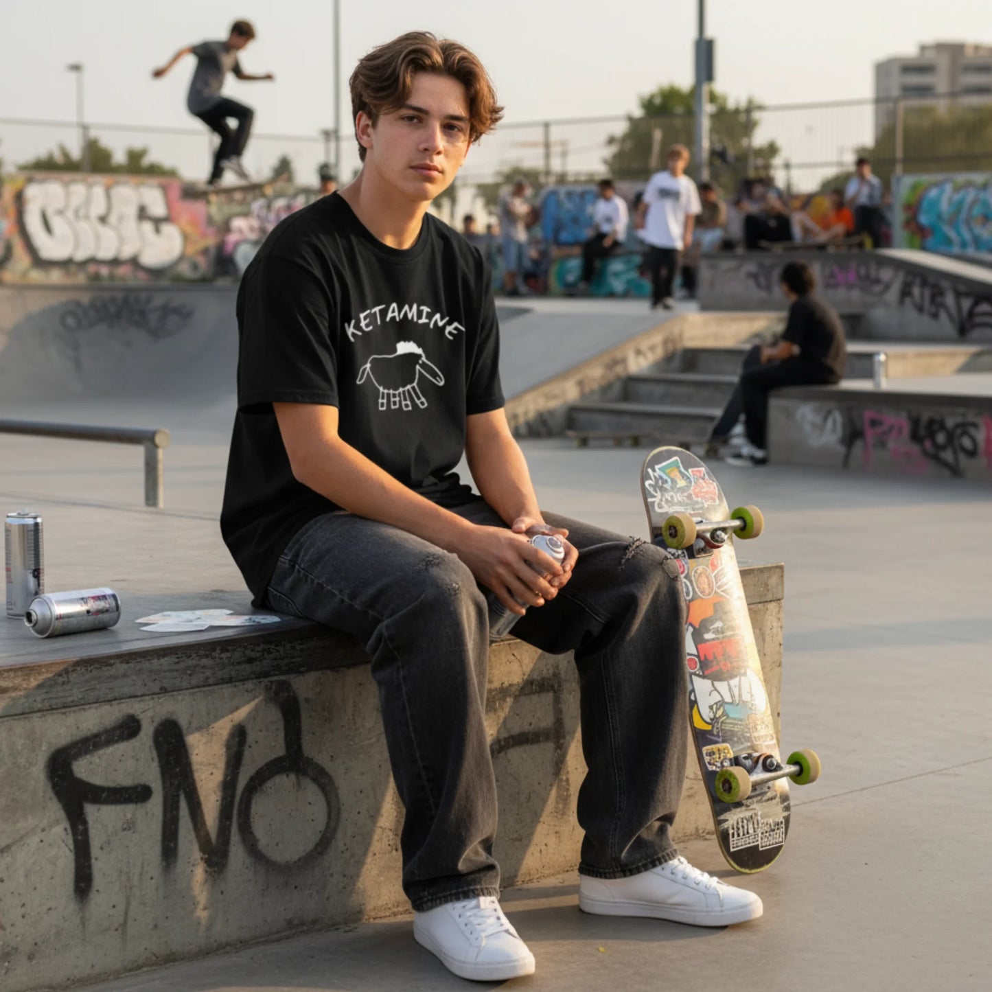 Kluk ve skateparku v černém tričku s kresbou koně a nápisem KETAMINE