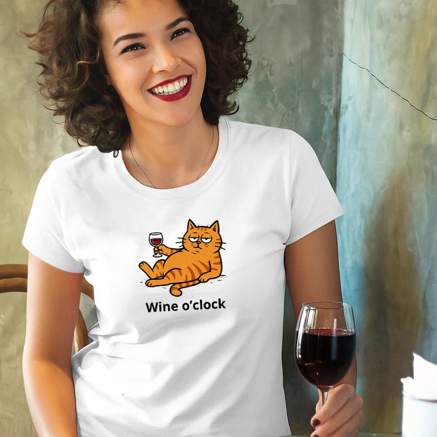Tričko s kočkou a nápisem Wine o’clock