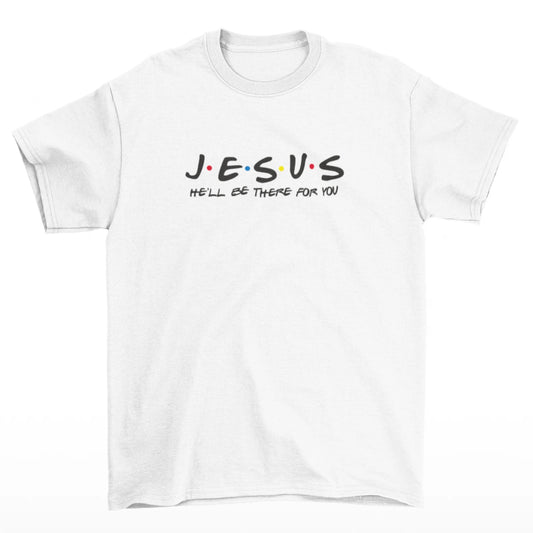 Bílé tričko s nápisem "Jesus tu bude pro tebe" – víra ve stylu Přátel